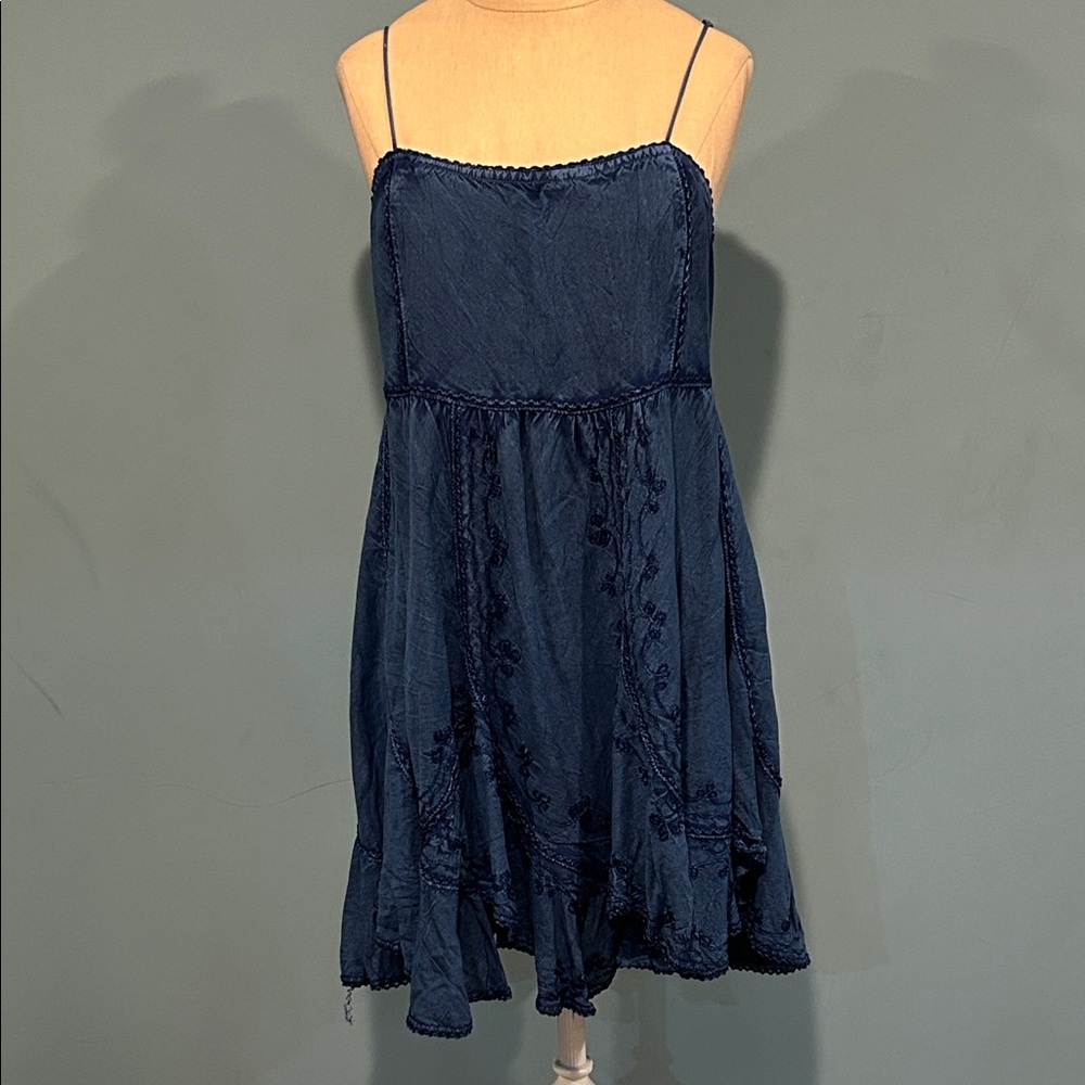 Urban Outfitters Diana Embroidered Mini Dress Small Indigo Blue Asymmetrical